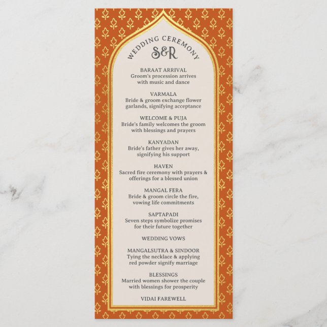 Cartão Dourado Floral Indian & Hindu Wedch Program (Frente)