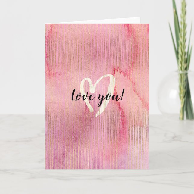 Cartão Dourado Pink Watercolor Heart Love (Frente)