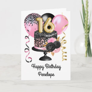 Cartão Dourado rosa e preto 16º aniversário