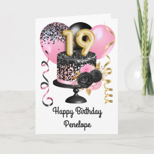 Cartão Dourado rosa e preto 19º aniversário