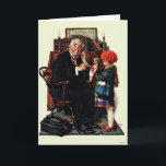 Cartão Doutor e a Doll<br><div class="desc">Artista: Norman Rockwell | Dr. ouve com estetoscópio a boneca de menina</div>