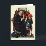 Cartão Doutor e a Doll<br><div class="desc">Artista: Norman Rockwell | Dr. ouve com estetoscópio a boneca de menina</div>