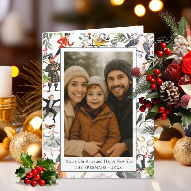 Cartão Doze Dias de Natal Dobrados (Twelve Days of Christmas Folded Holiday Greeting Card)