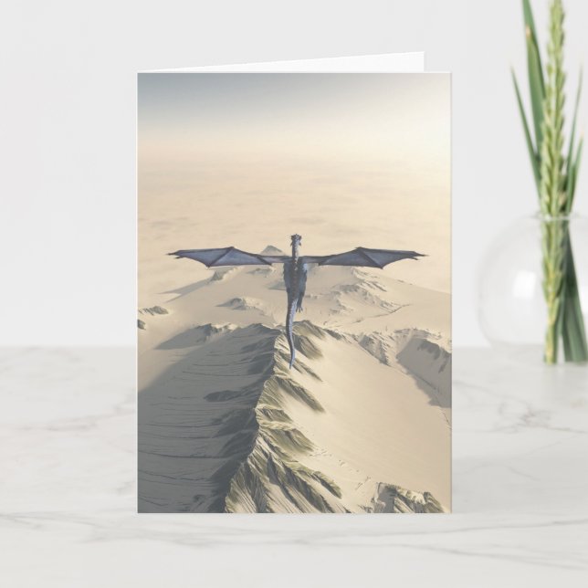 Cartão Dragão Azul Voando sobre Montanhas do inverno (Frente)