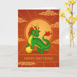 Cartão Dragão Chinês Verde em Cobertor de Aniversário Ver
