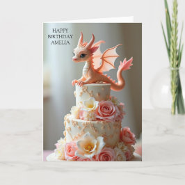 Cartão Dragão de Bolo de Aniversário Rosa Cumprimentos