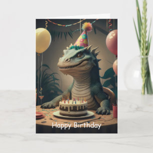 Cartão Dragão de Komodo sentado à mesa com bolo de aniver