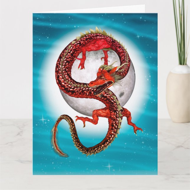 Cartão Dragão Lua Vermelha Arte de Fantasia Celestial (Frente)