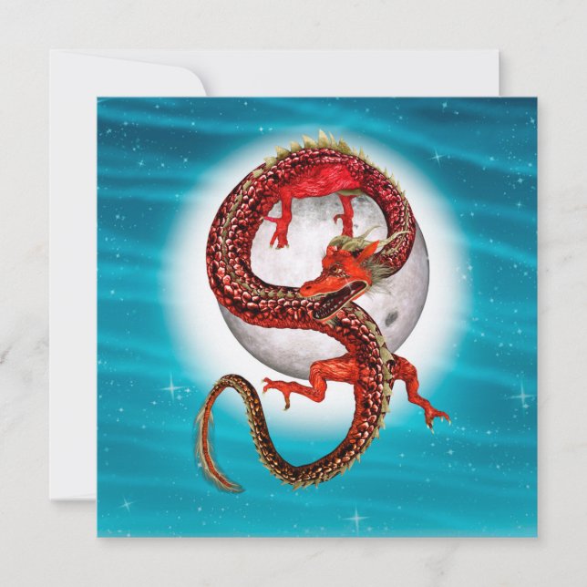 Cartão Dragão Lua Vermelha Arte de Fantasia Celestial (Frente)
