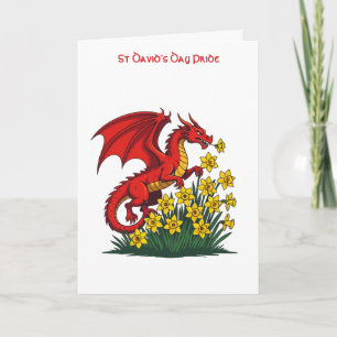 Cartão Dragão Vermelho Carregando Através de Narcisos