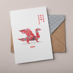 Cartão Dragão Vermelho Origami, 2024, Ano Novo Chinês