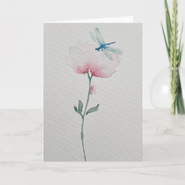 Cartão Dragonfly na pintura aquosa de flores (Frente)