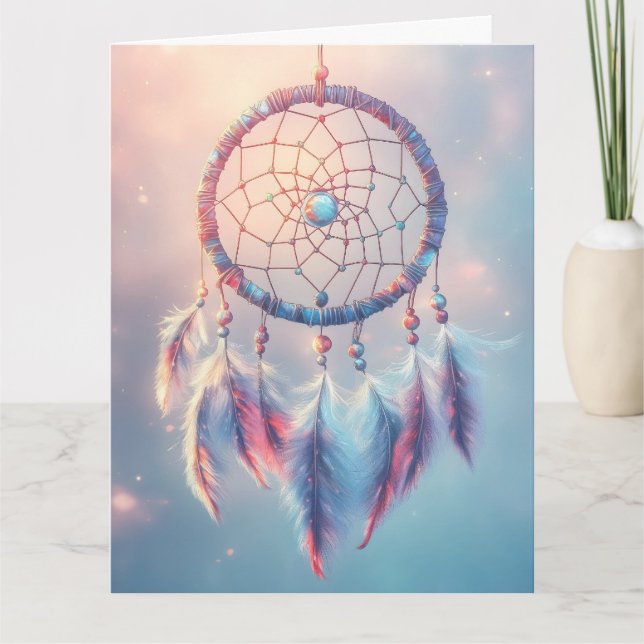Cartão Dream Catcher com Penas e Miçangas Suaves (Frente)