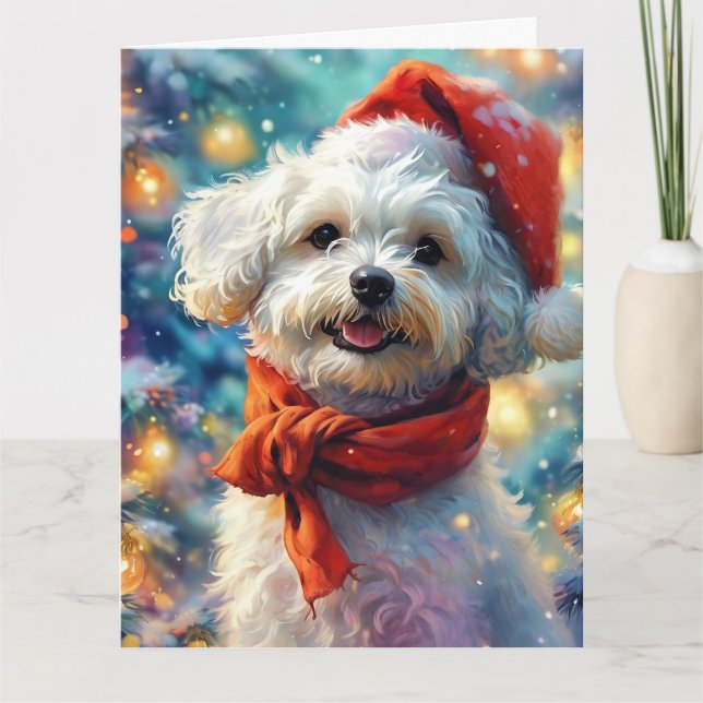 Cartão Dreamy Bichon Frisé Puppy em Santa Hat e Scarf (Frente)