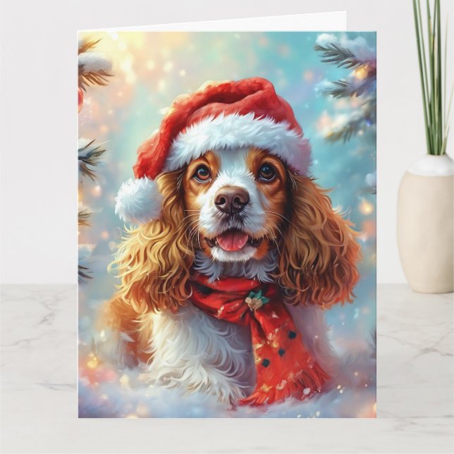 Cartão Dreamy Cocker Spaniel Puppy em Santa Hat e Scarf (Frente)