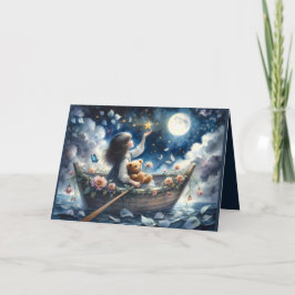 Cartão Dreamy Girl Rowing Boat Moonlit Fantasy Scene
