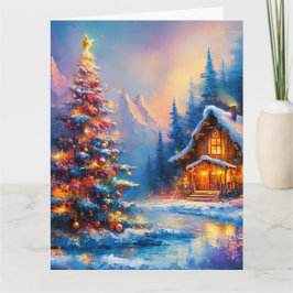 Cartão Dreamy Whimsical Mountain Cabine de Natal