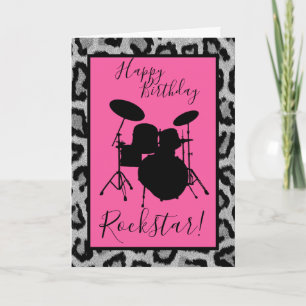 Cartão Drum Birthday Card Drummer Girl Rockstar Musical