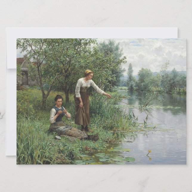 Cartão Duas mulheres pescando na grama pelo rio (Frente)