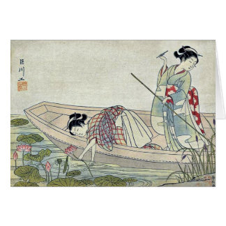 Cartão Duas mulheres que recolhem lótus por Suzuki,