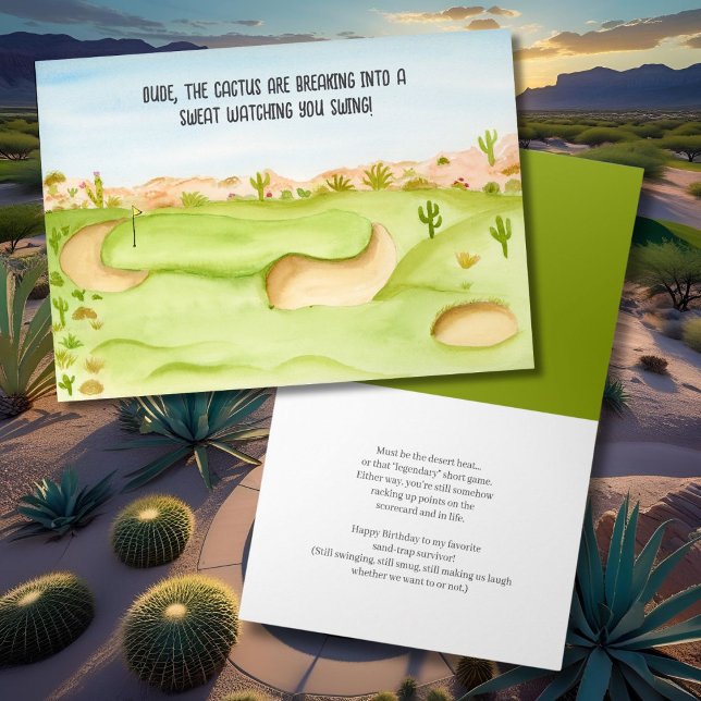 Cartão Dude Birthday Desert Golf Course Watercolor (Criador carregado)