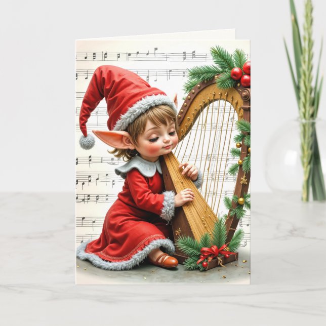 Cartão Duende de Natal Tocando uma Harpa (Frente)