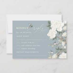 Cartão Dusty Blue Chinoiserie Bird Peony Casamento RSVP