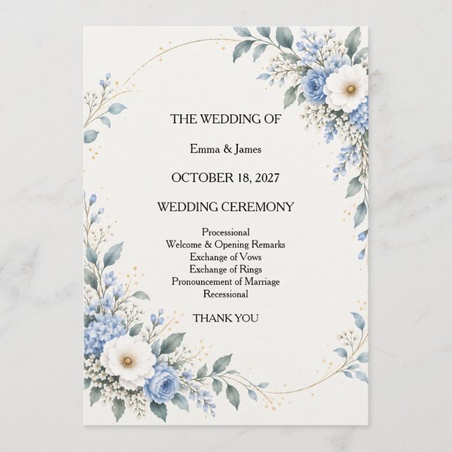 Cartão Dusty Blue Floral Wedding Ceremony Program (Frente)
