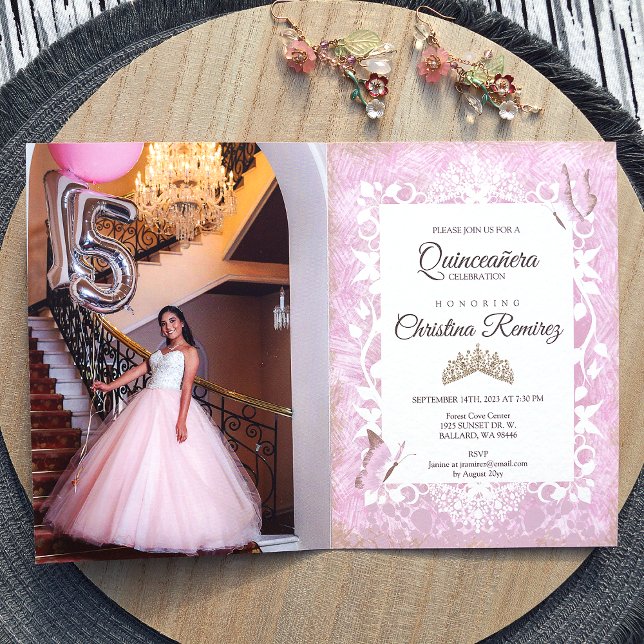 Cartão Dusty Pink Vintage Butterfly Quinceanera Invite (folded pink quinceanera invitations, fancy pink vines leaves border around photo with butterflies)