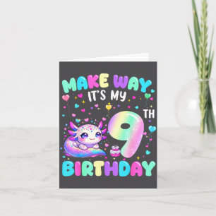 Cartão É o meu 9º aniversário Menina Axolote Fofo 9 anos