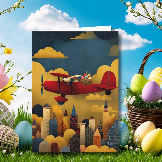Cartão Easter Bunny Pilot Flies Airplane Custom Aviation (Criador carregado)