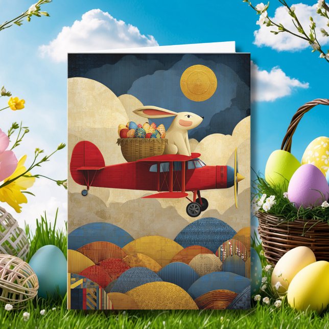 Cartão Easter Bunny Pilot Flies Airplane Custom Aviation (Criador carregado)