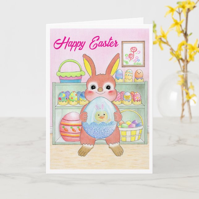 Cartão Easter Bunny Rabbit Eggs Kids Folded Card (Flor Amarela)