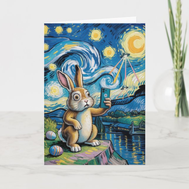Cartão Easter Bunny UFO Selfie Starry Night Card (Frente)