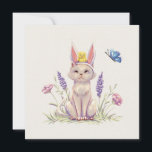 Cartão Easter Cat<br><div class="desc">A cute spring greeting card featuring an adorable cat wearing bunny ears, with a tiny chick perched on its head, surrounded by soft wildflowers and a butterfly. The gentle pastel illustration creates a whimsical, storybook feel perfect for Easter, spring greetings, or sending a cheerful note to someone special. Ideal for...</div>