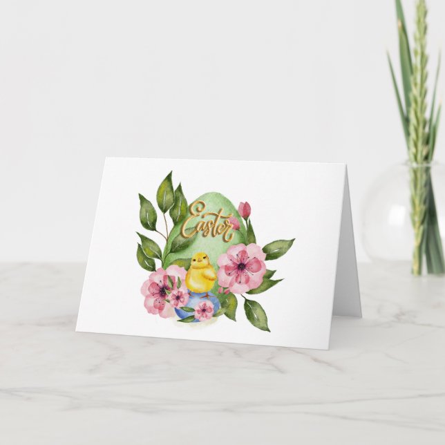 Cartão Easter Egg, Baby Chick, Pink Spring Flowers  (Frente)