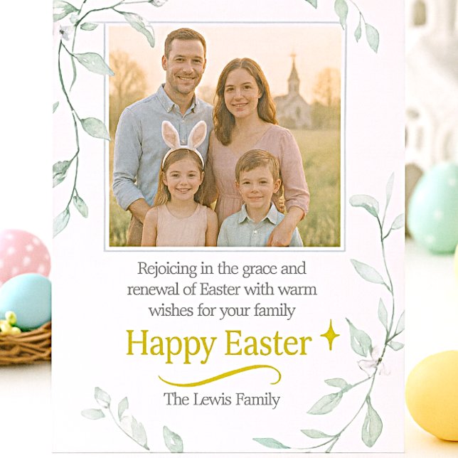 Cartão Easter Family Photo with Greenery  (Easter Family photo card with digital watercolor greenery and gold Happy Easter greeting )