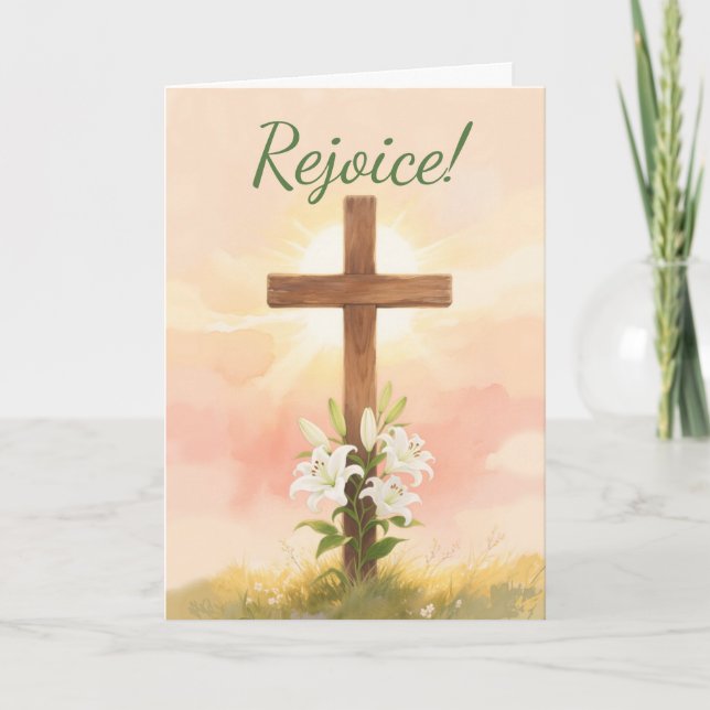 Cartão Easter Rejoice Cross and Lilies Christian (Frente)