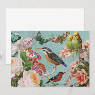 Cartão Efêmeras Vintage Rosas Borboletas & Aves Colagem