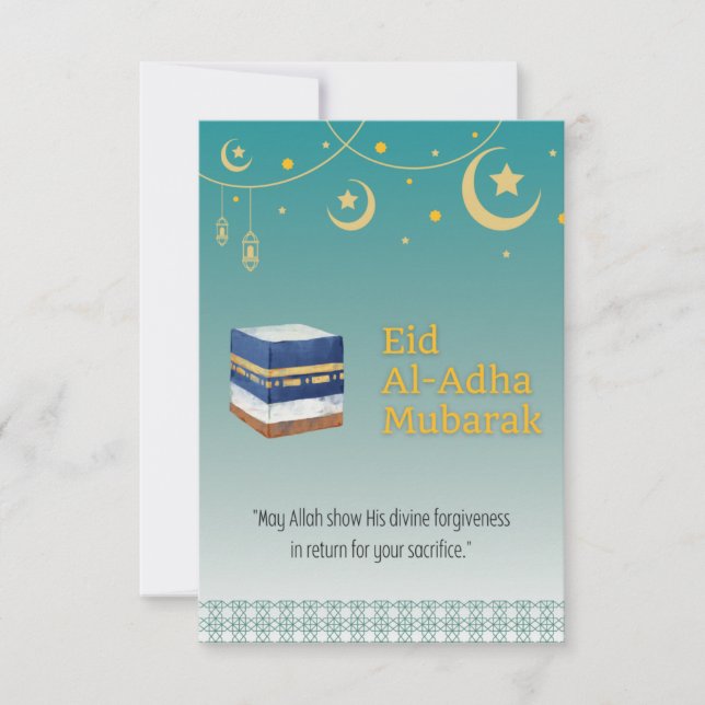 Cartão Eid Al-Adha Mubarak em azul e imagem do Ka' (Frente)