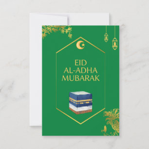 Cartão Eid Al-Adha Mubarak em verde e imagem de Ka