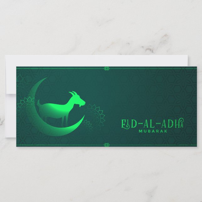 Cartão Eid al Adha Mubarak Goat Crescent Padrão Verde (Frente)