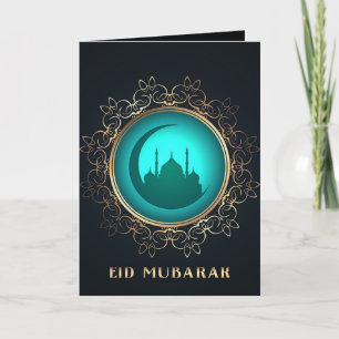 Cartão Eid Mubarak Crescent Mesquita Ouro Azul Preto 