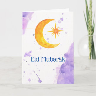 Cartão Eid Mubarak Crescent Moon e Star Watercolor