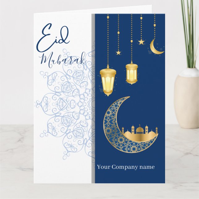 Cartão Eid Mubarak /Custom Company Name  blue Greeting  (Frente)