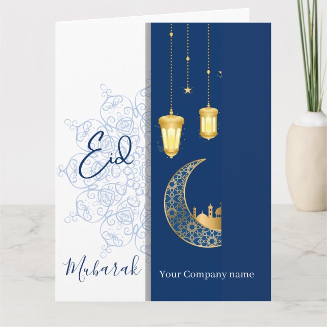 Cartão Eid Mubarak /Custom Company Name  blue Greeting  (Frente)