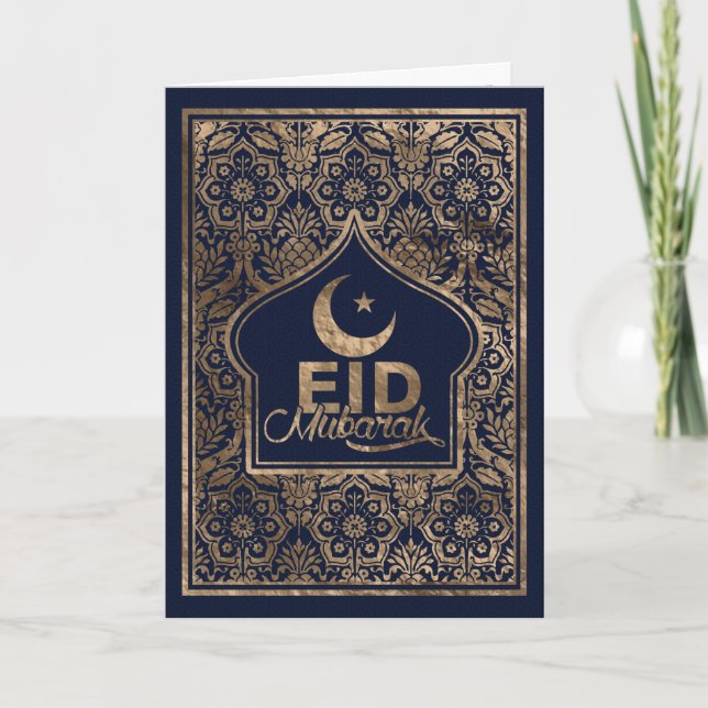 Cartão Eid Mubarak - Feliz Eid - Dourado e azul (Frente)