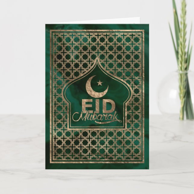 Cartão Eid Mubarak - Feliz Eid - Dourado e Malachite (Frente)