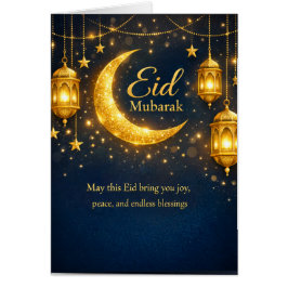 Cartão Eid Mubarak Lanternas Elegantes & Saudação Crescen