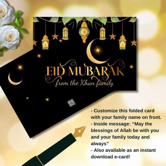 Cartão Eid Mubarak Lanternas Negras Douradas Elegantes +  (An elegant "Eid Mubarak" black + gold card, featuring lanterns, stars and a crescent moon.)